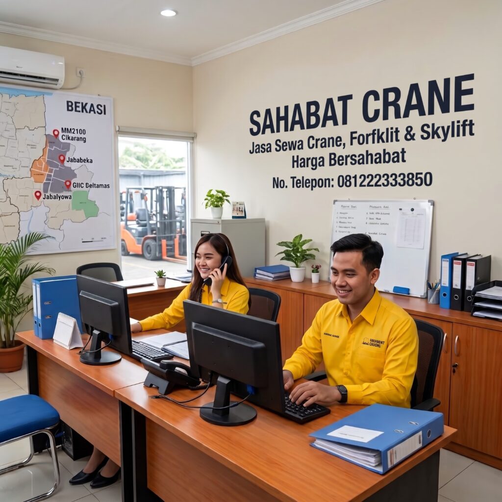 Foto kantor admin Sahabat Crane Bekasi dengan tanda 'SEWA FORKLIFT BEKASI' dan forklift di luar jendela pool